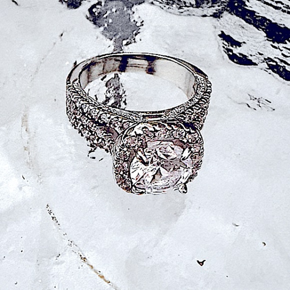 NEW! Silver Diamond Halo Ring 3 Rows Micro Pave NWT - Picture 3 of 7
